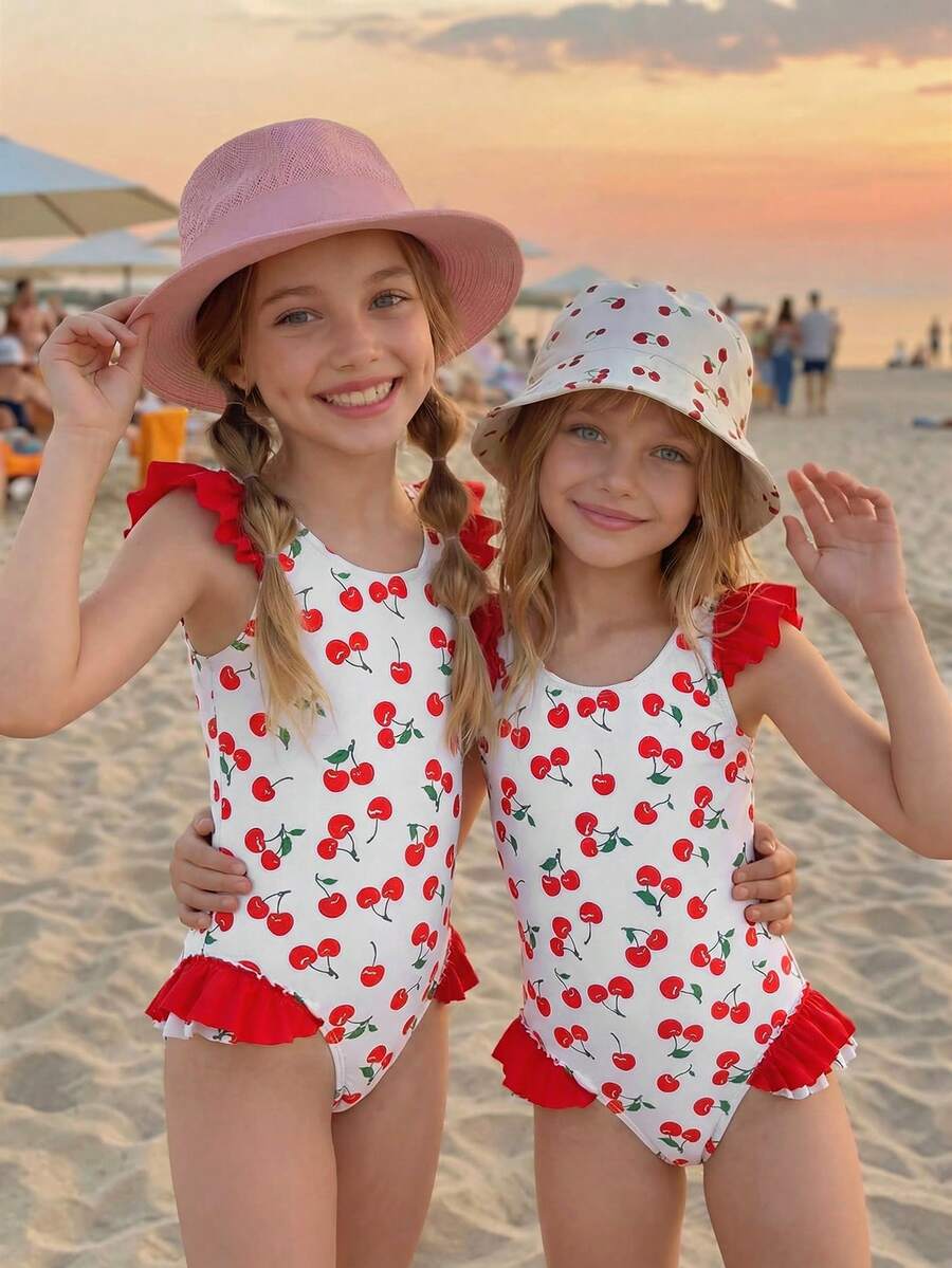 1pc Cute Cherry Print Young Girls One-Piece Swimsuit - Red and White - View 1