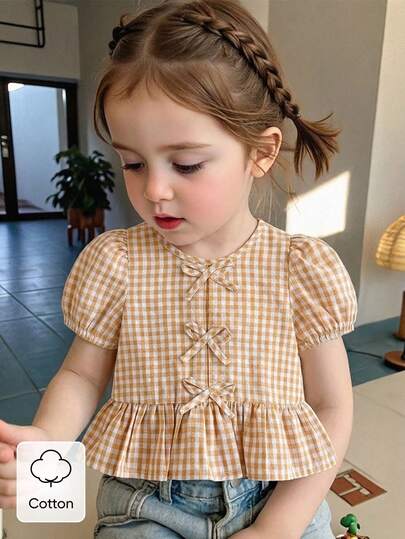 SHEIN Vintaside Kids Baby Girls' Blouse With Unique Floral Fabric Texture, Countryside Vacation Style, Cute & Fashionable, Comfortable For Spring/Summer, Bow Decor