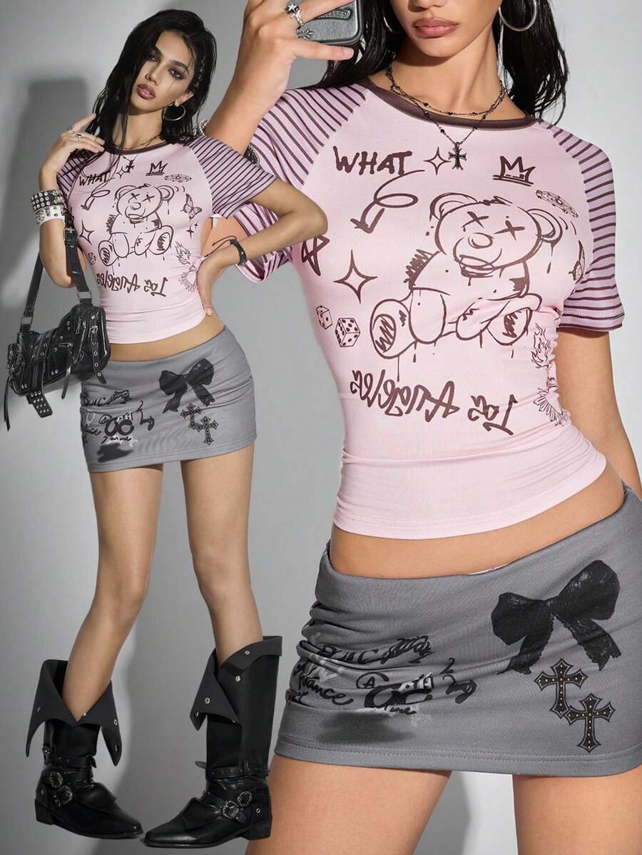 Bloopia 女士哥特亚文化紧身半身裙，时尚百搭设计，饰有铆钉和印花图案 - 灰色 - 查看 1