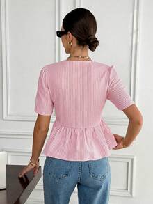 Serisse Women's Summer Casual Striped Bow Decor Ruffle Hem Blouse,Pink TopAsymmetric - Pink - View 2