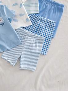 6 Stücke Baby Jungen Frühling/Sommer Gestrickt Rundhals Elefanten Muster Süße Tier Zoo Gestreift Retro Karomuster Blau Kurzarm T-Shirt und Shorts Lässig Outfit, Schlafanzug Hausanzug Set - Verschiedenfarbig - Übersicht 5