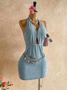 Soleia Women's V-Neck Hollow Out Design Fashion Halter Denim Dress,Women's Light Wash Denim Halter Dress  Cutout Bodycon Mini Summer Party Outfits,Women's Denim Halter Mini Dress Cutout Y2K Coquette Sexy Summer Style,Women's Elegant Denim Bodycon Dress Halter Neck Cutout Vacation Style,Women's Light Wash Denim Halter Mini Dress, Featuring A Deep V-Neck With Front Cutout, Halter Neckline With Back Button Closure,  Back Zipper Closure, Ideal For Summer Parties, Date Nights, Y2K Coquette & Beach Vacation Looks,HalterDress, CutoutDress, BodyconMini, LightWashDenim, SummerDress, Y2K, CoquetteStyle, SexyPartyOutfits - Blue - View 5