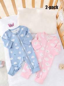 2pcs Newborn Soft Comfortable Casual Homewear Set, Cute Cloud, Star, Sun, Tree Cartoon All-Over Print, Zipper, Suitable For Spring/Summer - Multicolor - View 3
