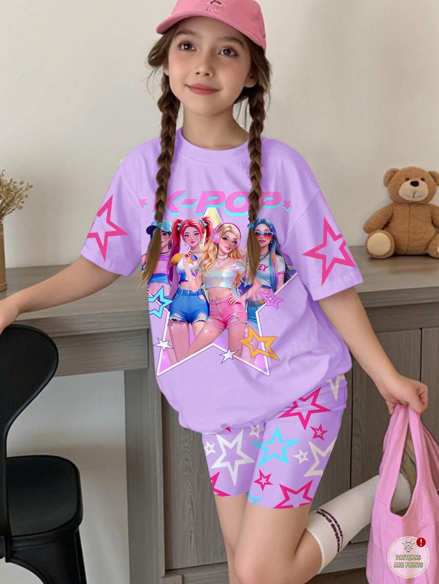 两件套少女休闲时尚彩色韩流女团字母星星印花套装,圆领短袖上衣和短裤,适合夏季穿着 - 彩色 - 查看 1