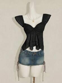 SHEIN ICON Áo hai dây nữ dáng lửng, tay ngắn, hở lưng, chất liệu jacquard, kiểu Pháp lãng mạn, xếp ly phía trước, ôm sát, khoét eo, thích hợp cho kỳ nghỉ. - màu đen - Xem 3