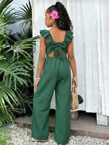 SHEIN Girls' Jumpsuit, Hollow Back Design, Decorative Big Bow, Cap Sleeve, Suitable For Casual Daily Wear In Spring/Summer - Green - View 2