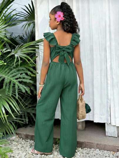 Girls' Sleeveless Jumpsuit, Hollow Back Design, Decorative Big Bow, Cap Sleeve, Suitable For Casual Daily Wear In Spring/Summer