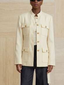 Aveloria Modichic Jaqueta Utilitária com Colarinho Reto, Tweed Grosso, Botão Metálico Único e Cinto - Damasco - Visão 4