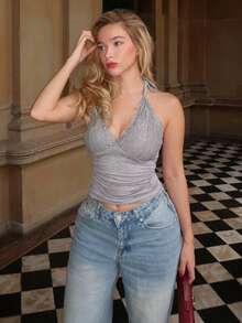Turnttoni Top halter con encaje en contraste fruncido - Gris - Ver 5