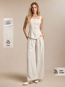 BizChic Bộ đồ công sở thành thị thời trang và thanh lịch mùa xuân/hè mới, gồm áo cardigan hai dây bằng vải lanh phối ren, mở phía trước và cúc hình nấm, quần ống ôm cạp chun, - trắng - Xem 1