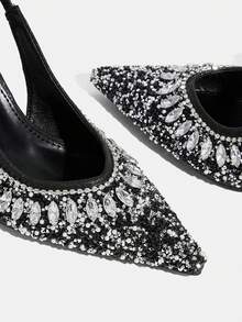 CUCCOO TILAWA 女士黑色新款尖头细高跟后跟提拉时尚华丽水钻性感宴会派对夜店高跟鞋露跟鞋 - 黑色 - 查看 6