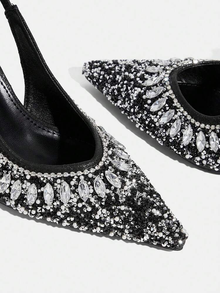 CUCCOO TILAWA Women Shoes Black New Pointed Stiletto Back Lift Fashion Gorgeous Rhinestone Sexy Banquet Party Night Club Women's High Heel Shoes Slingback Shoes Women's Shoes