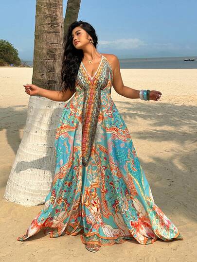 Sunnyshic Vestido casual suelto con estampado, de tirantes finos y con lazo, estilo vacacional para mujer de talla grande