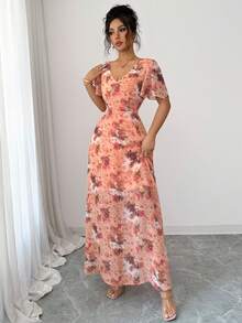 Elenzga Women's V-Neck Floral Print Dress - Orange - View 5