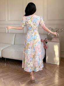 Celisse 女士扎染印花褶皱胸部开衩下摆中长连衣裙，度假款 - 粉色 - 查看 2