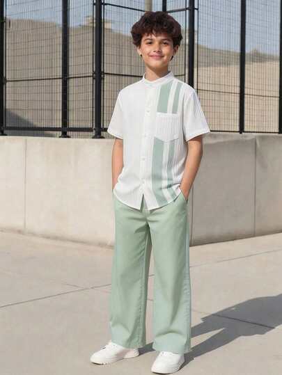 Vacaura 2pcs/Set Boys' Casual Fashionable Minimalist Versatile Striped Shirt And Loose Fit Pants, Suitable For Daily Wear, Campus Life, Beach Play