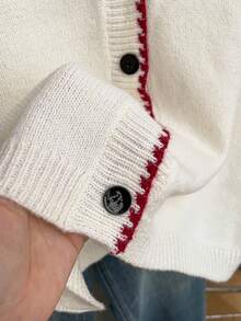 SHEIN Franclia Casual Loose V-Neck Sleeveless Knitted Contrast Trim Button Design Beige Sweater Vest For Women, Spring/Summer - Beige - View 3