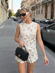 Serisse 女士花卉刺绣镂空单排扣背心和短裤休闲两件套 - 杏色 - 查看 10