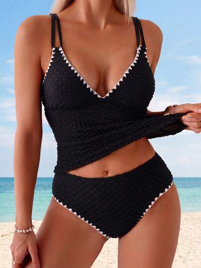 Swim Lushoire Spring/Summer Hot Selling Beach Vacation Jacquard Fabric Spaghetti Strap Sleeveless Top + Jacquard Fabric Shell Decor Triangle Bottoms 2 Pieces Bikini Set