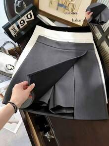 Franclia Falda gris de cintura alta con abertura en el bajo, versátil y casual, adecuada para primavera, verano, otoño e invierno - Gris - Ver 1