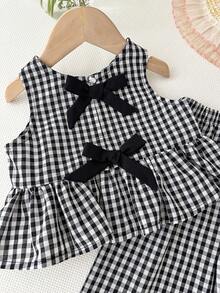 SHEIN LMoss Kids 女婴格子蝴蝶结装饰荷叶边上衣和裤子休闲套装 - 黑與白 - 查看 6