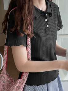 DAZY 女士华夫格针织半拉链 Polo 领纹理面料装饰领金属纽扣宽松 T 恤 夏季 - 深灰色 - 查看 3