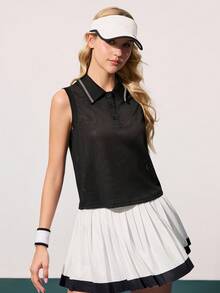 CourtClass Women's Breathable Collared Sleeveless Sports Polo Shirt, Summer - Black - View 3