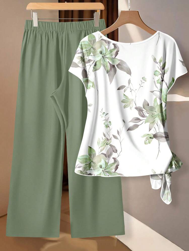 Conjunto de 2 piezas casual de blusa con lazo y pantalones rectos holgados para mujer - Multicolor - Ver 4