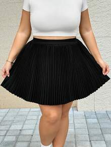 SHEIN CURVE+ 大码女式黑色百褶A级短裙 - 黑色 - 查看 6