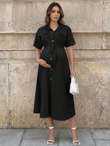 MaterniWear 孕妇纯色打结腰身休闲简约连衣裙，适合派对和外出穿着，女士休闲连衣裙，Zanea连衣裙，Bubu连衣裙 - 黑色 - 查看 3