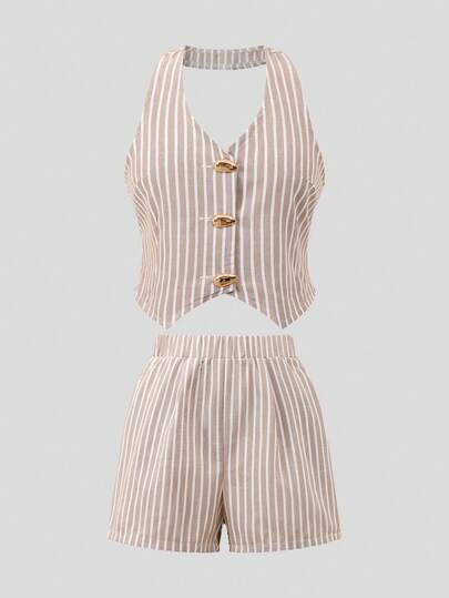 2pcs/Set Elegant Urban Halter Neck Shirt & Shorts Set, Suitable For Outings And Parties, Fashionable Outfit For Teenage Girls