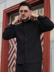 LEOGASHI LEOGASHI Men's Solid Color Casual Long Sleeve Shirt, Fall - Black - View 6