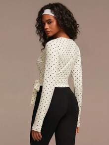 Athîral Women's Contrast Color Polka Dot Print Long Sleeve Sports T-Shirt - Apricot - View 2