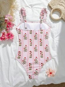 Swim Mod 2026 Summer New Women One-Piece Swimsuit, Floral Print Ruffle Swimwear, Beach Holiday - Pink - View 3