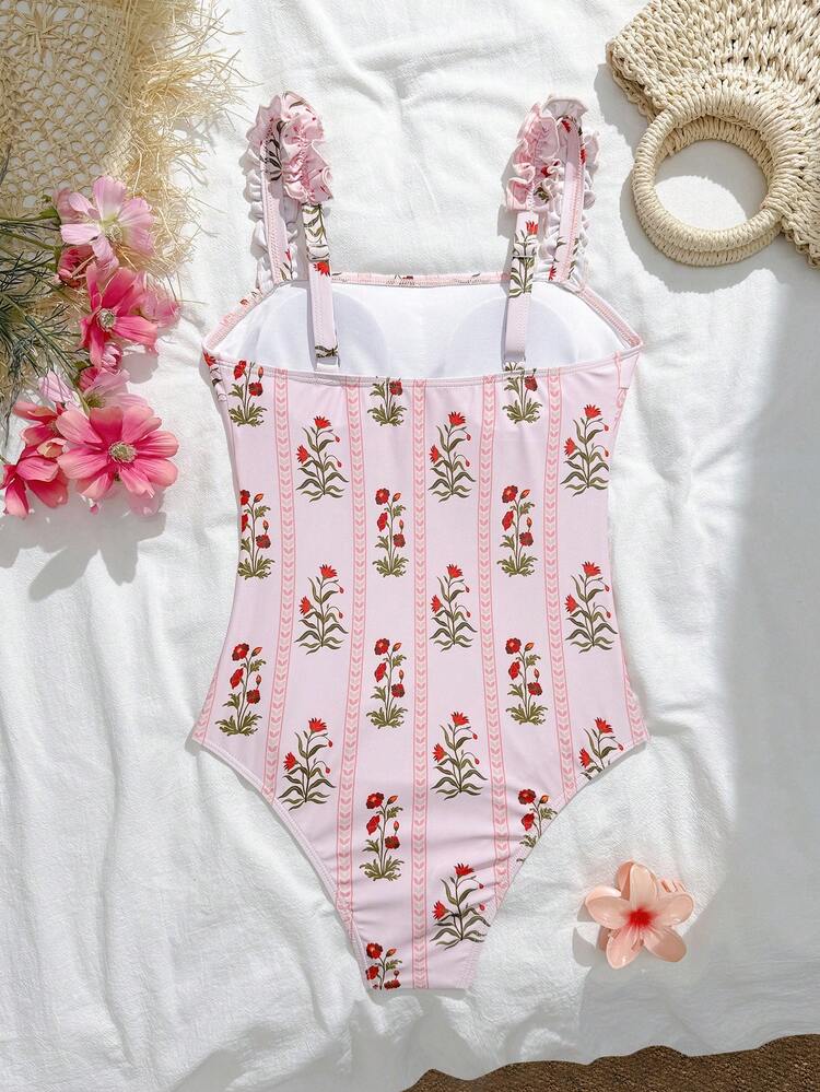 SHEIN Swim Mod 2026夏季新款女士连体泳衣，碎花荷叶边泳装，沙滩度假 - 粉色 - 查看 3