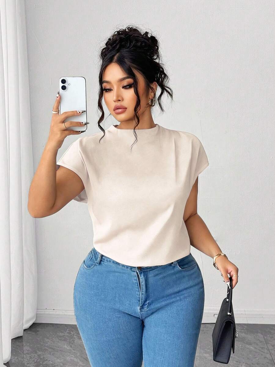 Elenzga Plus Size Women's Elegant Black Poplin Solid Color Shirt, Spring/Summer - Apricot - View 1