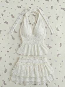 Elamini Women's Halter Neck Tie Knit Textured Top And Mini Frill Trim Skirt 2-Piece Set - Apricot - View 3