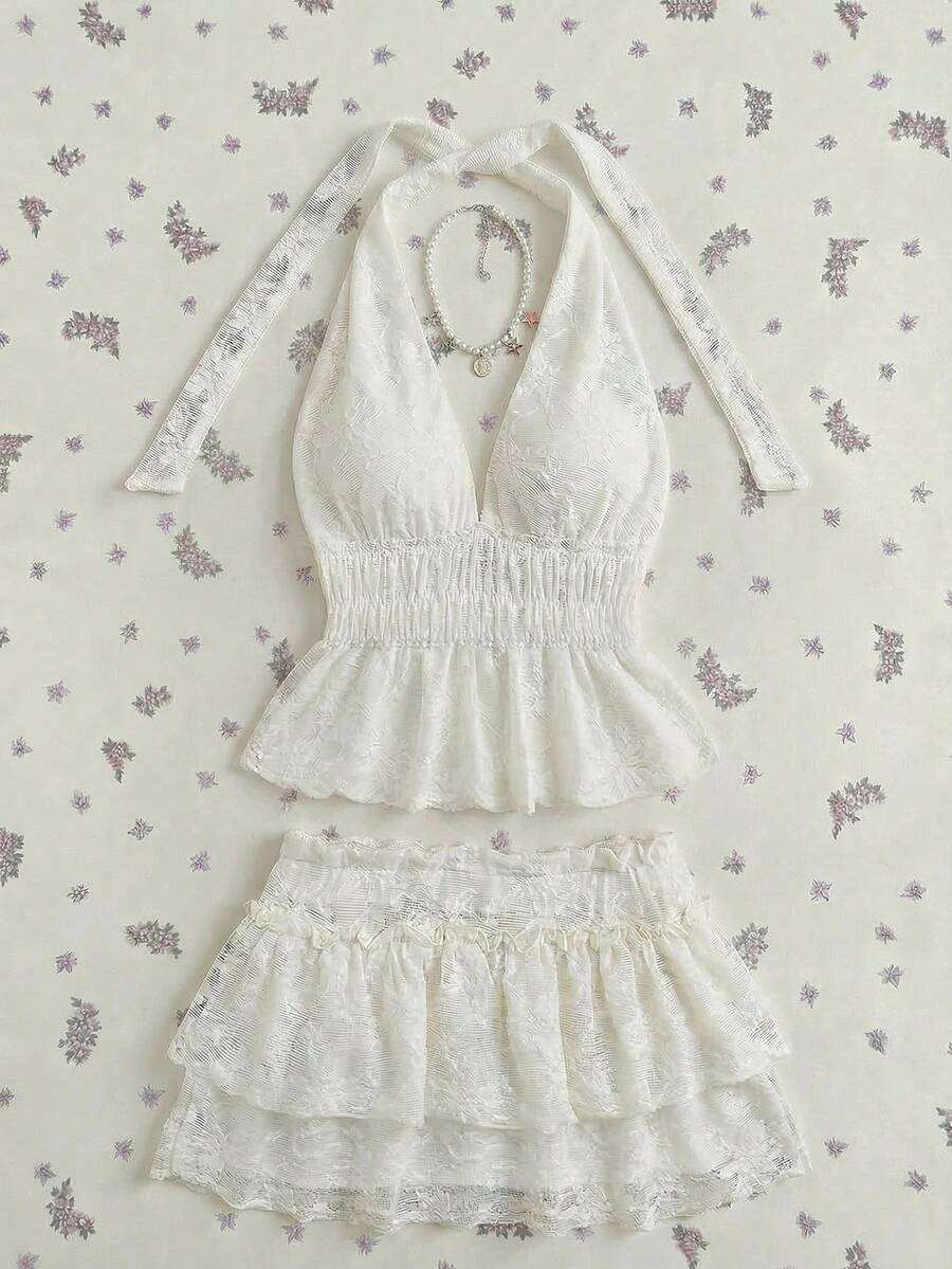 Elamini 女士吊带针织纹理上衣和迷你荷叶边半裙两件套 - 杏色 - 查看 1