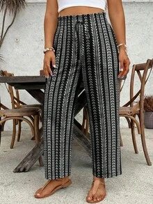 SHEIN VCAY Bohemian Striped Print Plus Size Pants, Suitable For Beach & Resort Wear - Multicolor - View 1