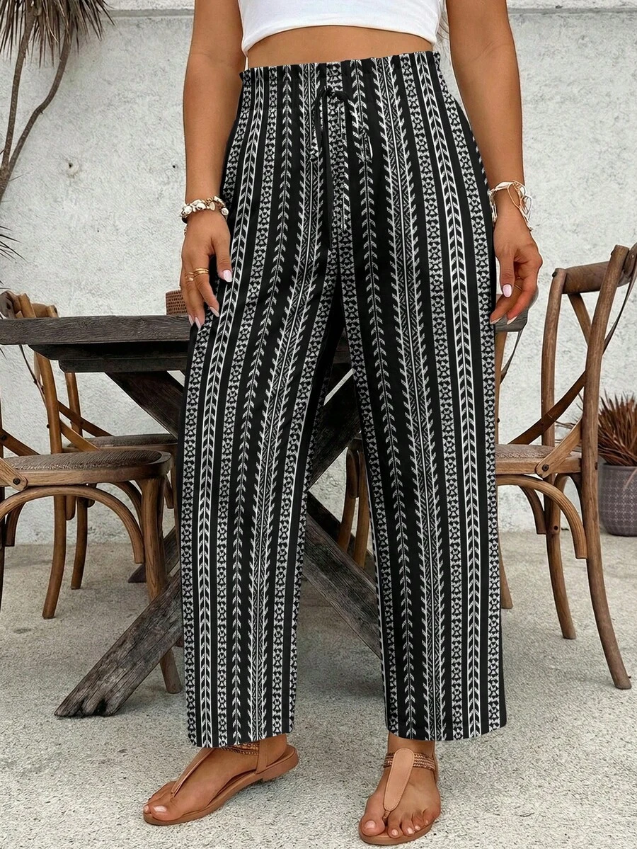 SHEIN VCAY Bohemian Striped Print Plus Size Pants, Suitable For Beach & Resort Wear - Multicolor - View 1