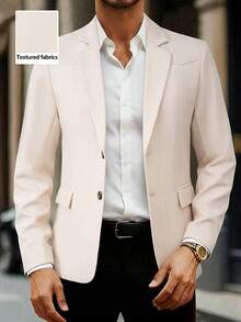 Manfinity Mode 男士米色夏季休閒商務西裝外套，純色缺口領單排扣時尚婚禮西裝，老錢風半正式西裝，儀式穿著 - 杏色 - 查看 5