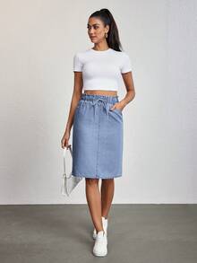 SHEIN Tall 女士系带腰带口袋休闲工作牛仔裙 - 藍色 - 查看 6