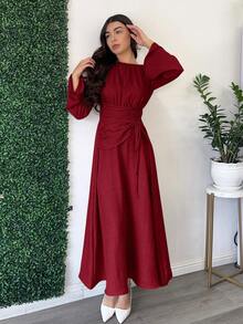 Andrea Bello 女士优雅通勤纯色喇叭袖连衣裙 - 玫瑰紅 - 查看 3