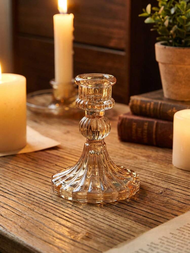 Cirelle 琥珀色玻璃竖条纹烛台 - 圆锥形和圆柱形套装，适用于餐桌、复古家居装饰和婚礼中心摆件 - 多色 - 查看 5