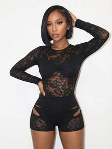 BamGleam Camiseta negra de manga larga, cuello redondo, transparente y con encaje, para mujer, de verano - Negro - Ver 4