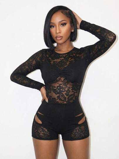 BamGleam Women's Lace Sheer Sexy Long Sleeve Round Neck Black T-Shirt, Summer, Summer , Summer Clothes , Summer Outfits For Women , Summer Outfits , Summer Outfit For Women Black  Sexy Bodysuit Black See Through Top Lace Bodysuit Black Lace Bodysuit Black Sexy Tops ,Vacation Outfits Women