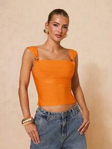 Lumalex 女士时尚弹力金属装饰露脐上衣，夏季 - 橘色 - 查看 5