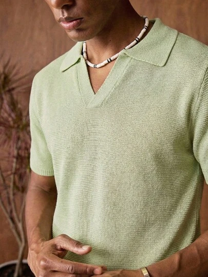 HIMLAND Áo polo cổ chữ V dệt kim kiểu cổ điển, áo thun ngắn tay nam nhẹ, thời trang mùa hè, đa năng, cao cấp.