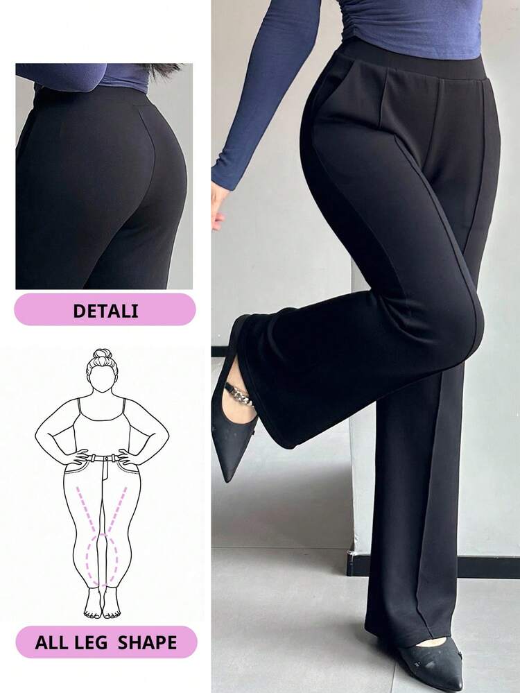 Dazy Plus Plus Size Women's Solid Color Elastic Skinny Flare Leg Casual Pants, All Season Women Dress Pants Fall