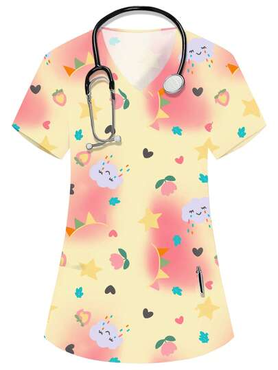 PopScrub Blusa de mujer de cuello en V amarilla de manga corta con doble bolsillo, con lindo estampado de dibujos animados, estampado adorable de nubes, uniforme de enfermera/médico, ropa de trabajo de unicolor para peluquería de mascotas, bata de laboratorio de nutricionista, ropa de trabajo funcional con múltiples bolsillos, conjunto de vacaciones funcional y lindo para mujer
